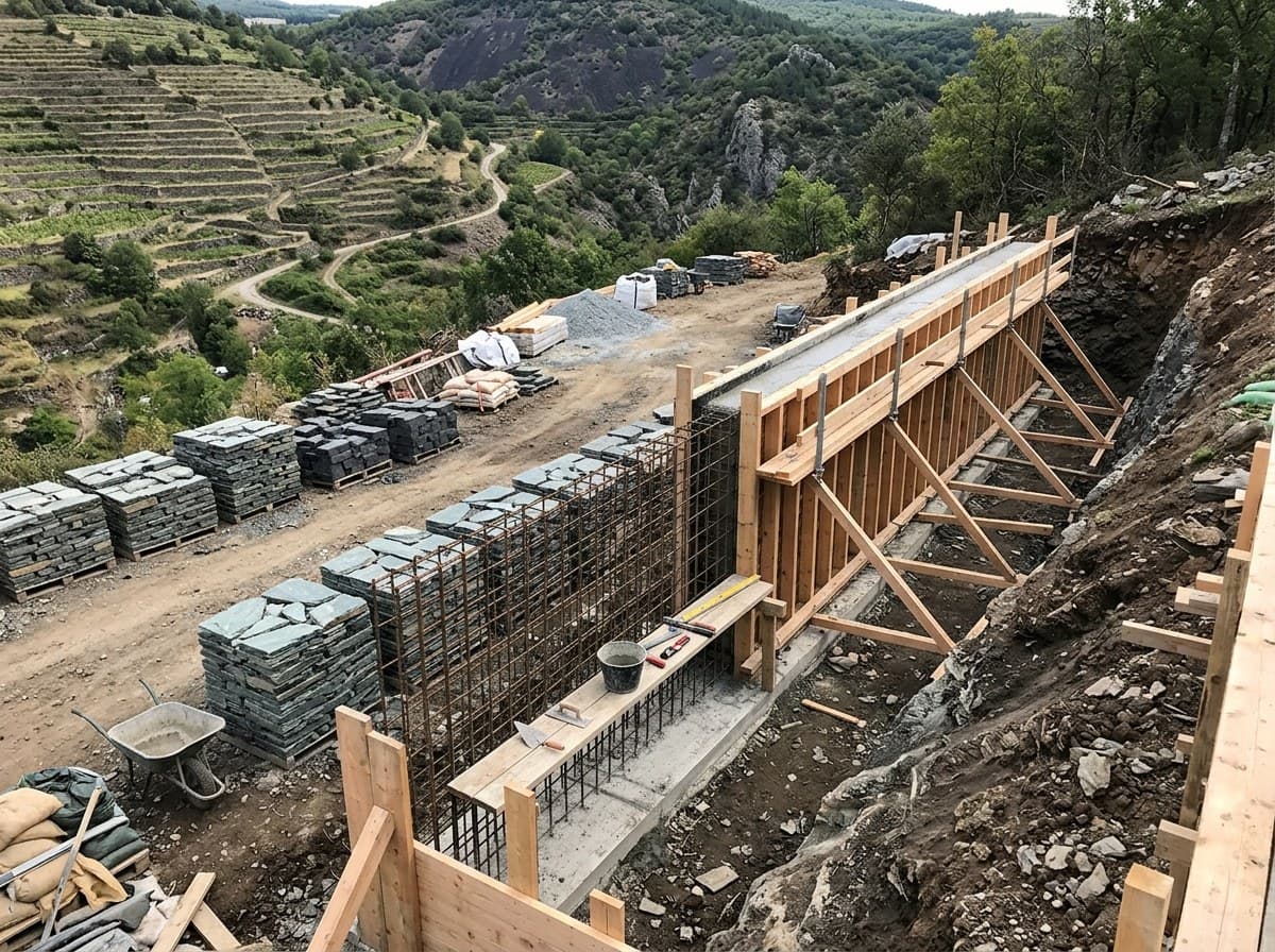 Coffrage bois et ferraillage d'un mur de soutènement en béton en cours de coulage sur un coteau
