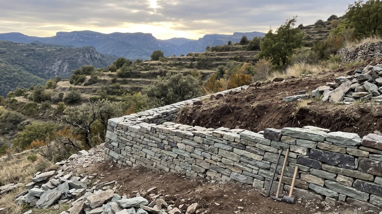Assises de pierre d'un mur de soutènement en cours de montage sur un coteau du Vivarais