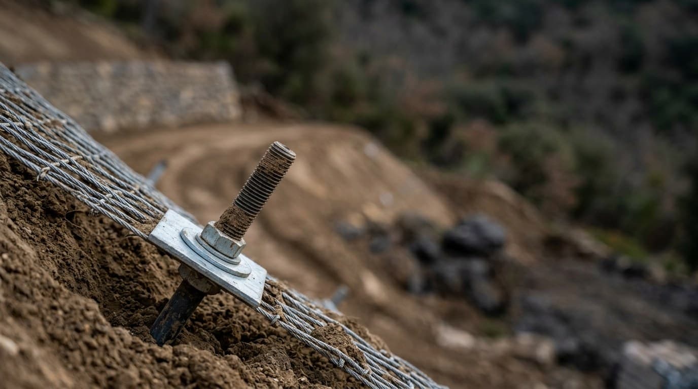 Talus en cours de confortement avec drainage visible en pied de pente