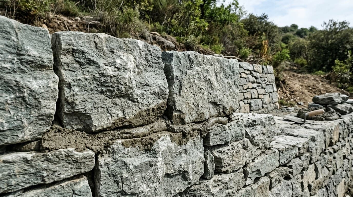 Fondation d'un mur de soutènement en cours de coulage sur un terrain en pente