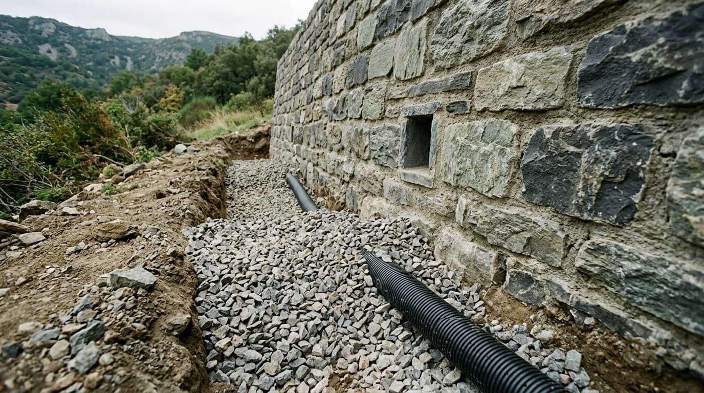 Drainage de mur de soutènement : massif drainant et drain de pied à Annonay