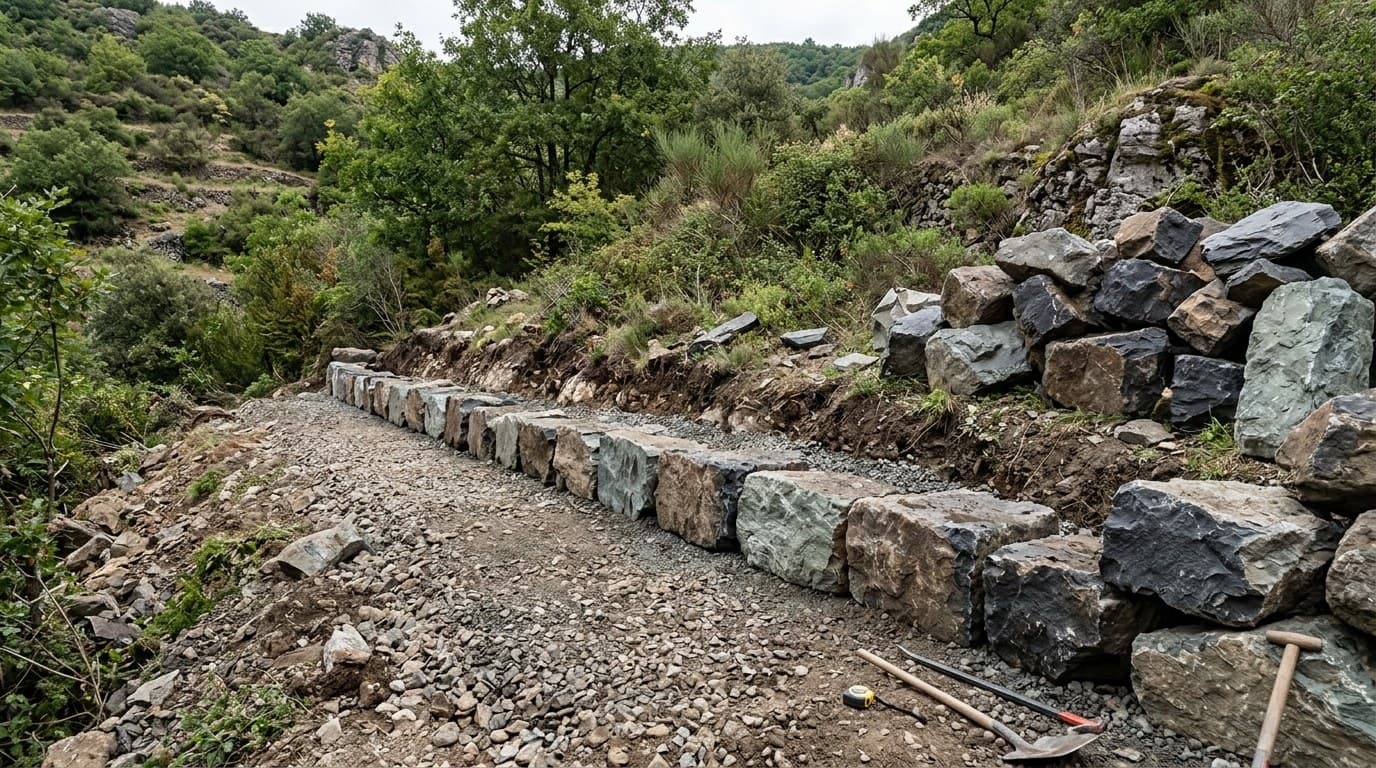 Blocs de pierre calibrés empilés en quinconce pour retenir un talus