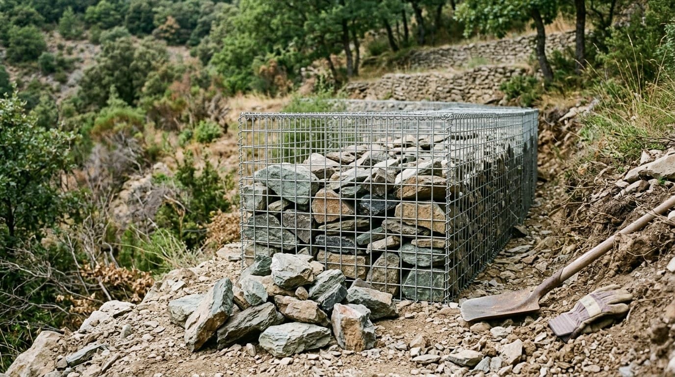 Cages de gabions remplies de pierre empilées pour former un mur de soutènement
