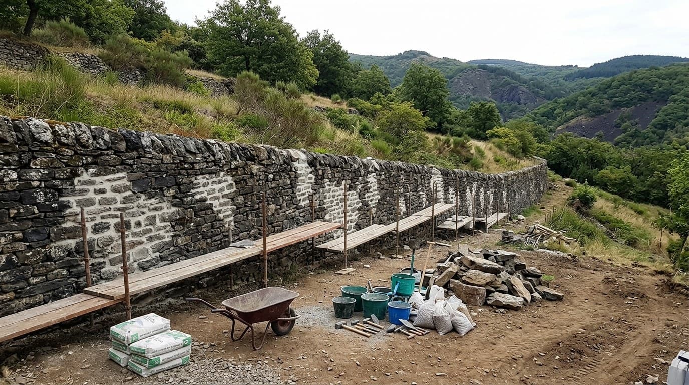 Fissure sur la partie basse d'un mur de soutènement en pierre