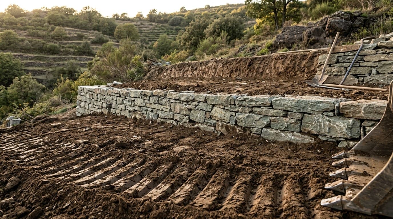 Terrassement en cours sur un terrain en pente avant création d'une plateforme