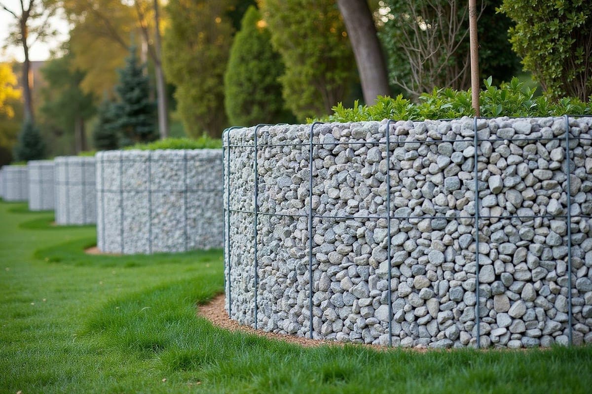Mur de gabions neuf, paniers alignés remplis de pierre grise, au pied d'un talus planté