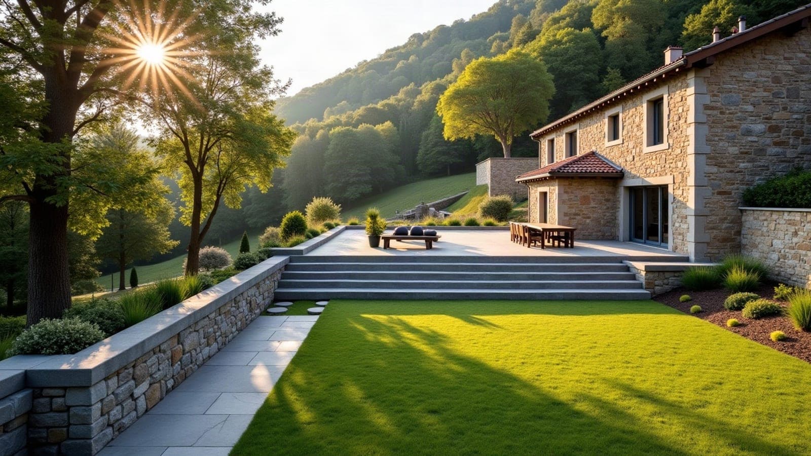 Terrasse de jardin retenue par un mur de pierre neuf, au pied d'une maison de pays sur un coteau boisé d'Ardèche