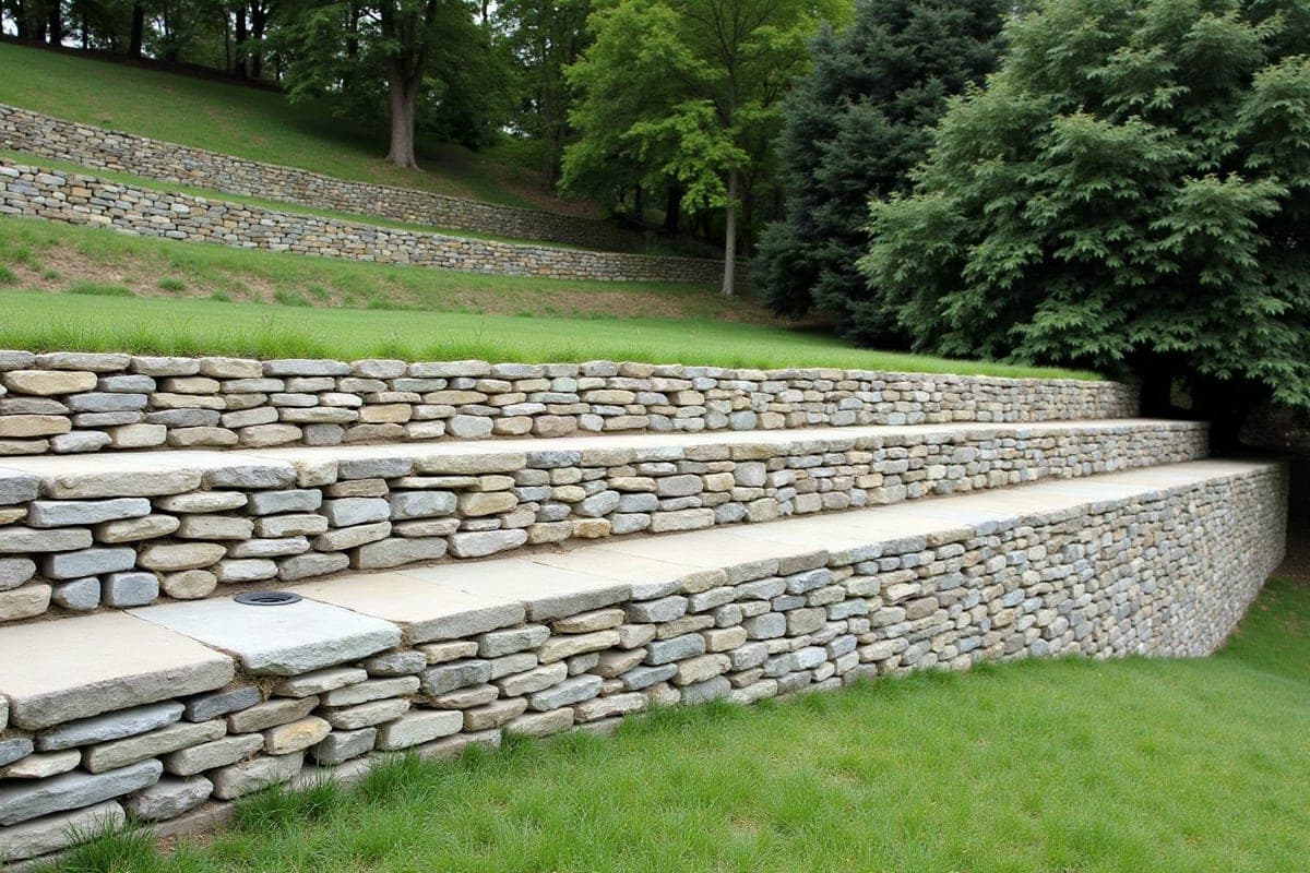 Murs de terrasse en pierre plate étagés dans un jardin en pente, couronnement en dalles