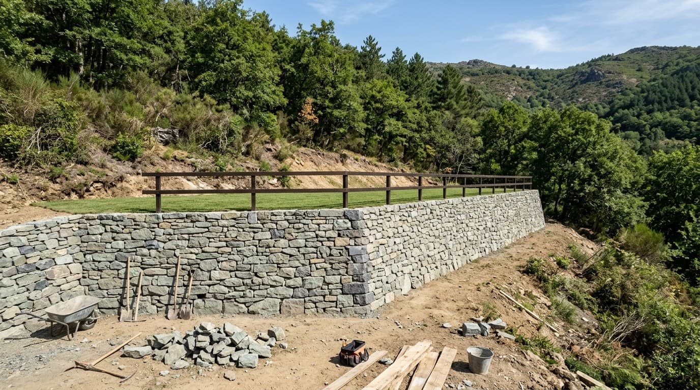 Mur de soutènement en pierre neuf surmonté d'une barrière en bois, au pied d'un coteau boisé