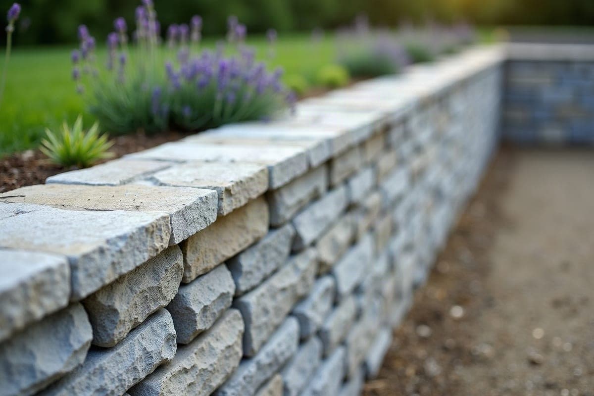 Mur de soutènement en pierre claire vu de près, jardin au-dessus