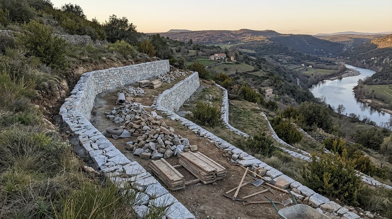 Coteau granitique en terrasses au-dessus du Rhône à Tournon-sur-Rhône