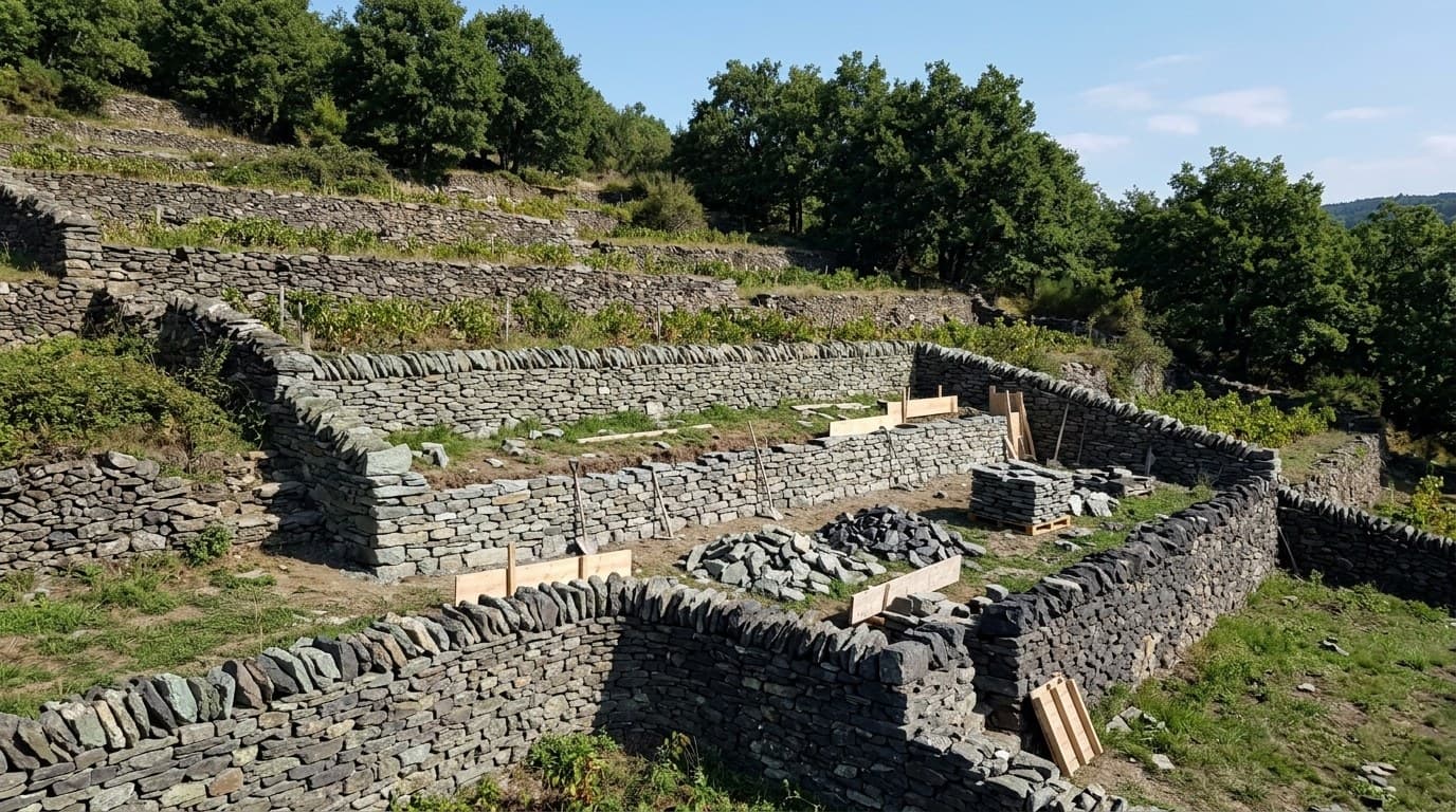 Murs de terrasses en pierre sèche en cours de remontage sur un coteau, pierres triées au pied