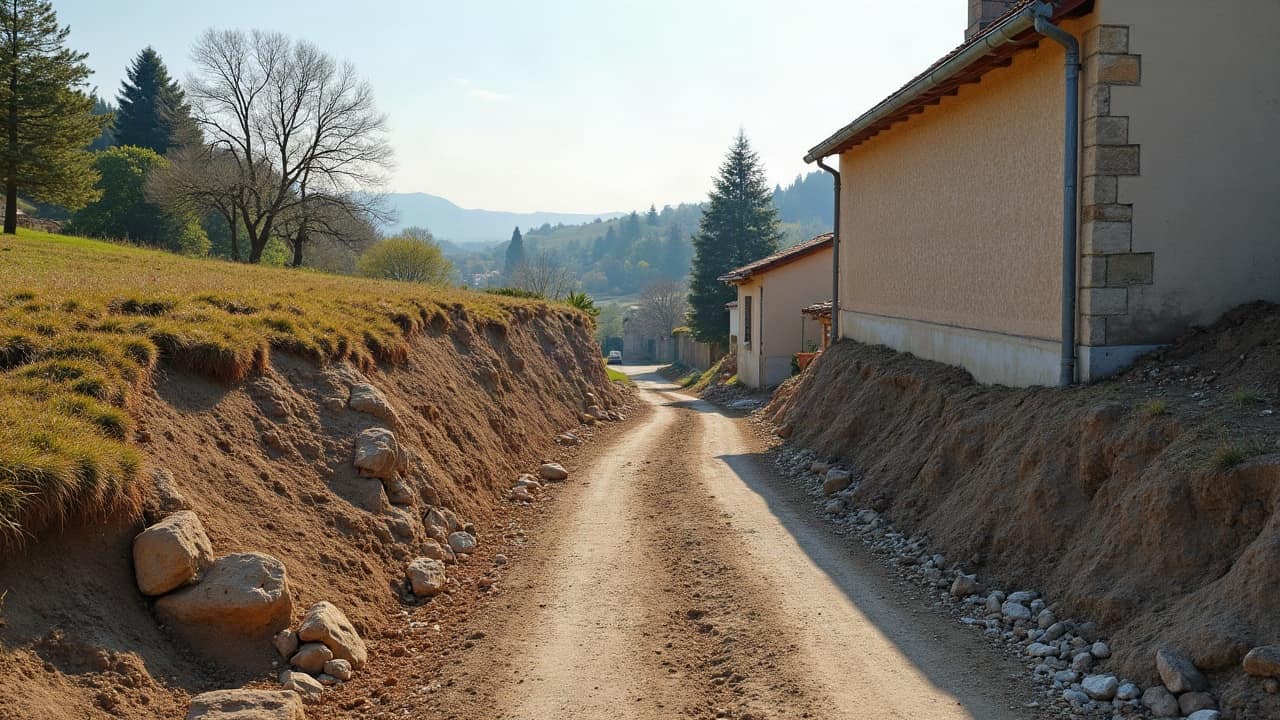 Chantier de mur de soutènement vide en fin de journée, matériaux stockés proprement, aucune personne présente