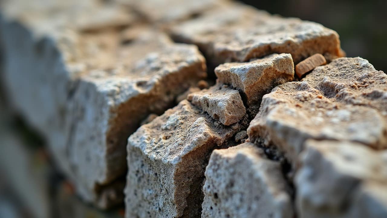 Gros plan macro sur une fissure fine qui traverse un bloc de pierre de parement, texture minérale uniquement, aucun objet, aucune inscription, aucune personne