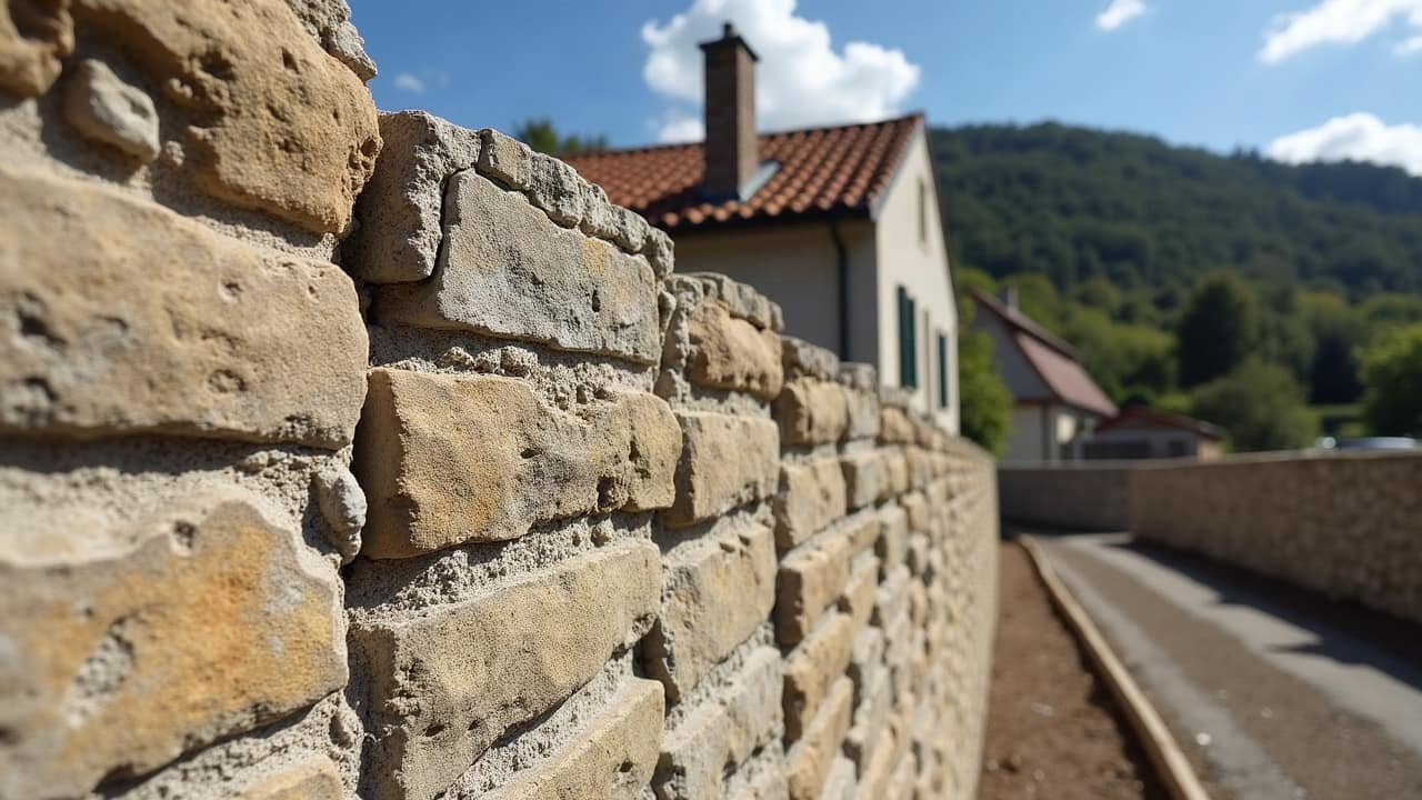 Fissure fine observée en gros plan sur un parement de mur en pierre