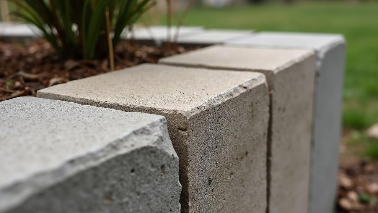 Macro serré sur l'emboîtement de deux blocs d'enrochement, texture de la pierre en gros plan, arrière-plan totalement flou et vide, sans aucun élément identifiable, aucune personne