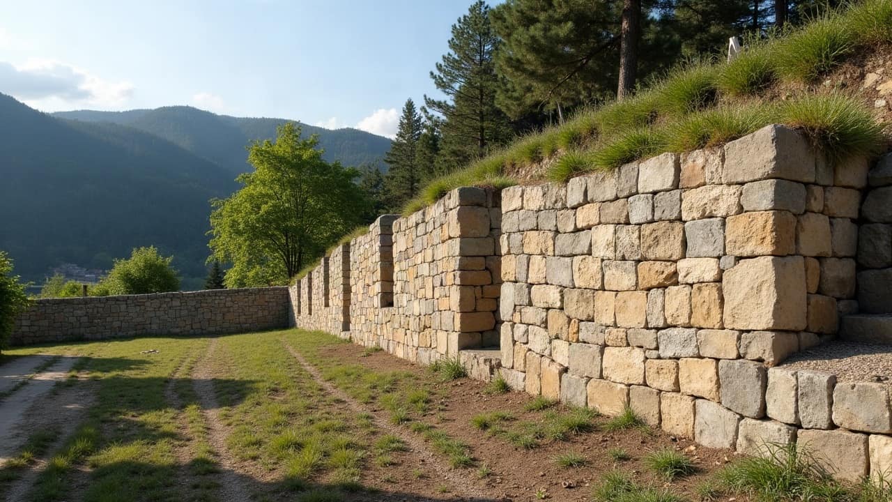 Mur de soutènement maçonné en pierre du pays, assises régulières et parement fini