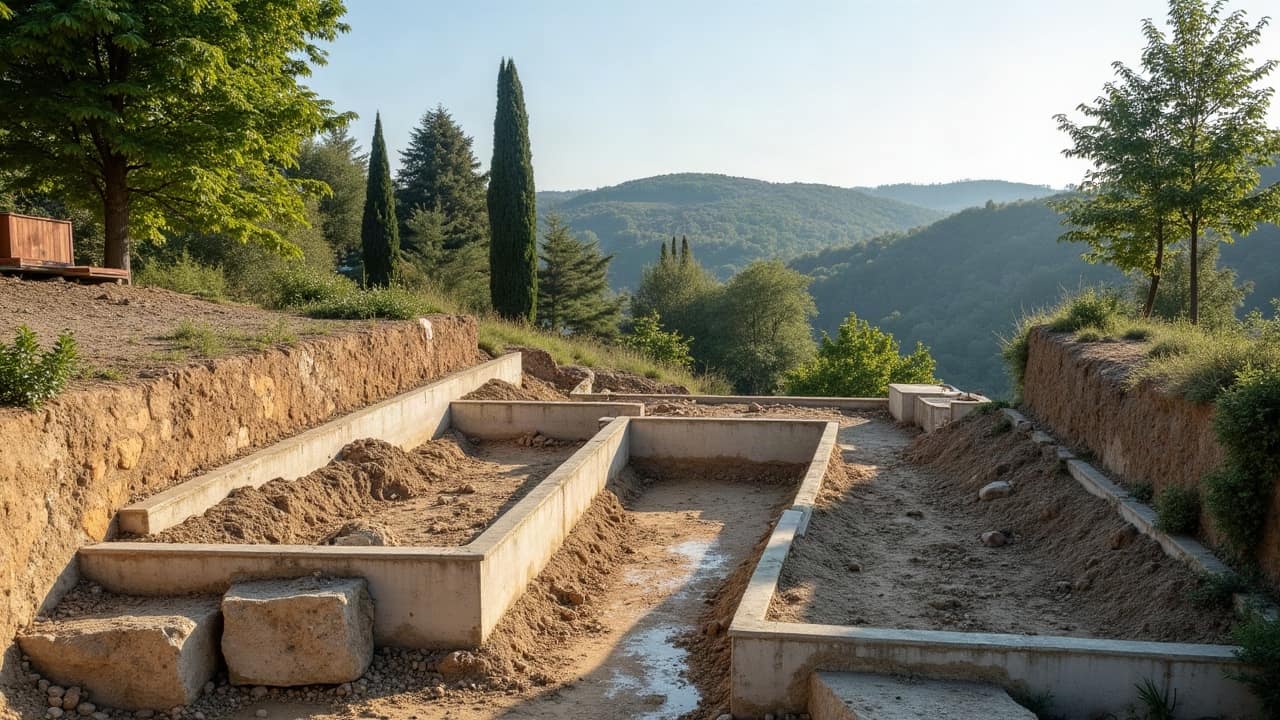 Poste de terrassement avant coulage de la fondation d'un mur de soutènement