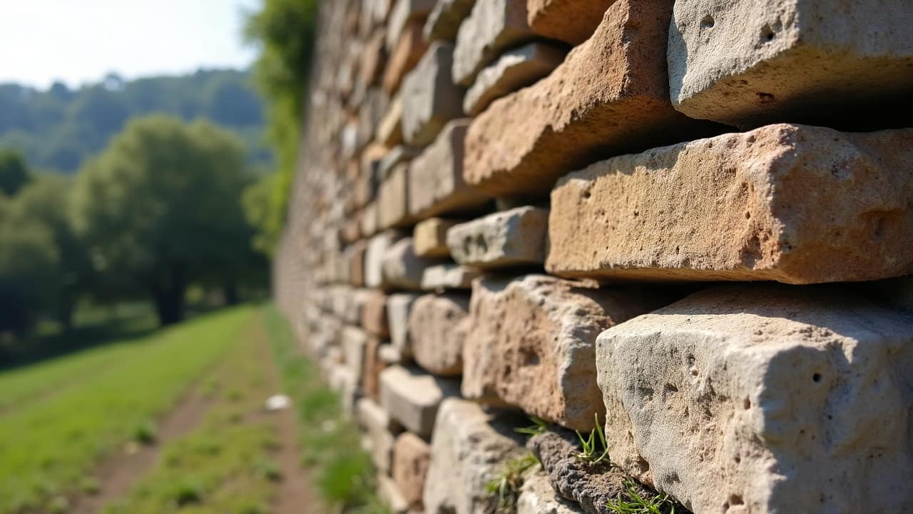 Détail d'un parement de mur en pierre du pays fini, assises régulières