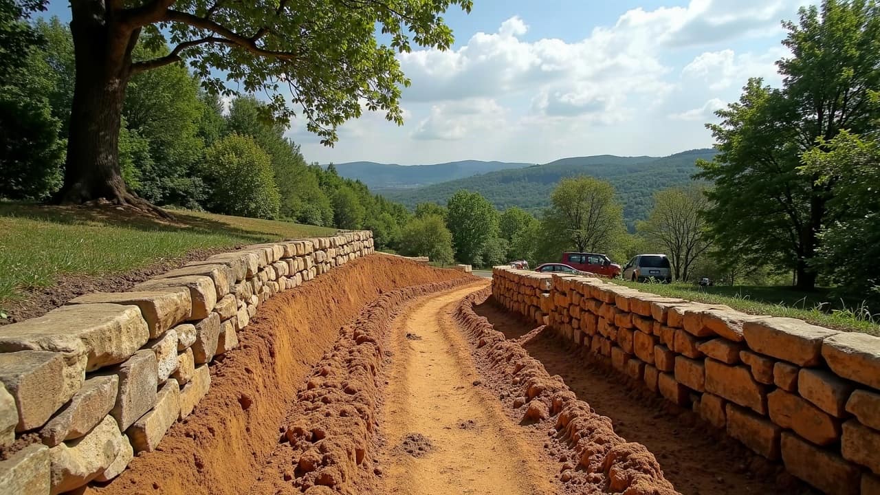 Front de terre ouvert lors d'un terrassement, sol sec et stable avant pose de l'ouvrage