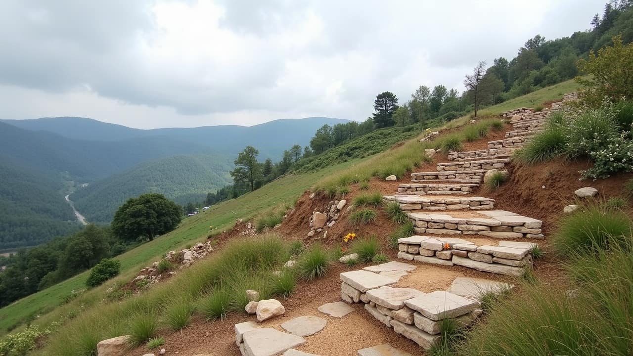 Talus en pente sous ciel nuageux, terre à nu avant une intervention de reprise
