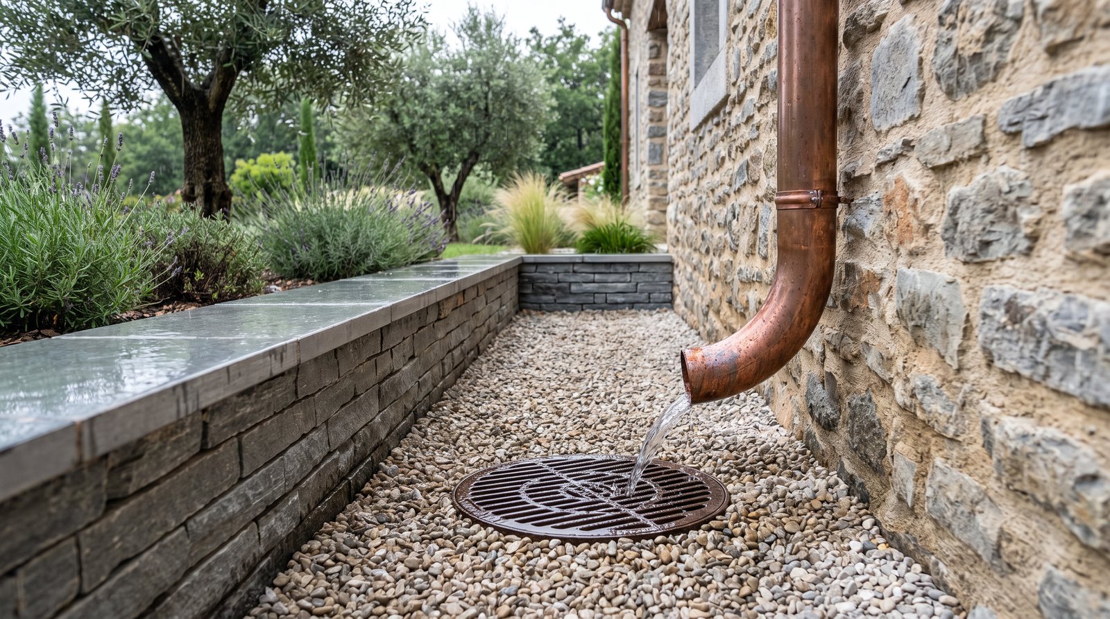 Sous la pluie, une descente en cuivre d'une maison en pierre verse l'eau dans un avaloir rond en fonte posé dans le gravier, à côté d'un muret de soutènement en schiste