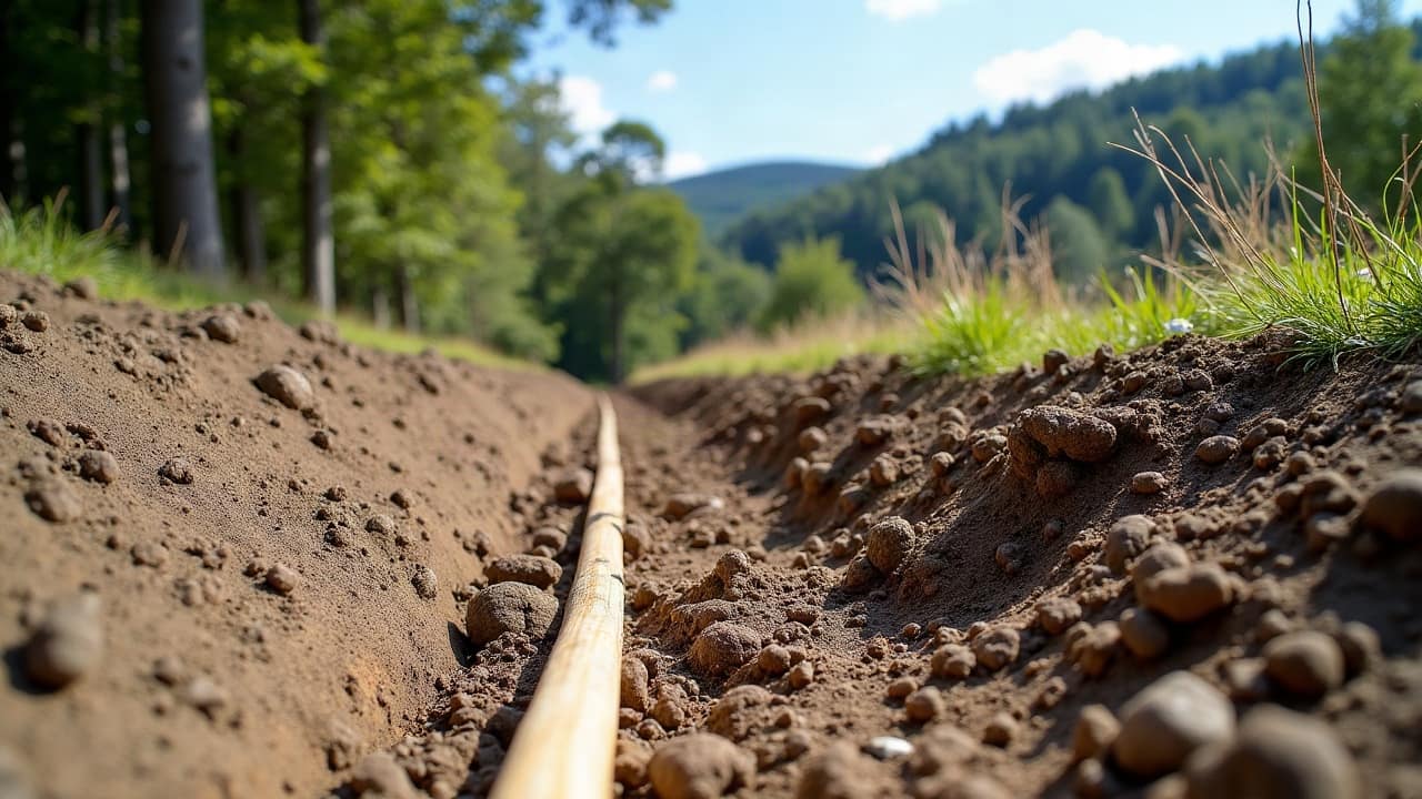 Gros plan serré sur un piquet de bois et un cordeau tendu, planté dans la terre d'un talus, rien d'autre dans le cadre, aucun arrière-plan de chantier, aucune personne