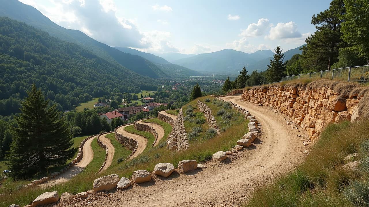 Vue d'un terrain en pente aménagé en paliers avant construction, terrassement réalisé