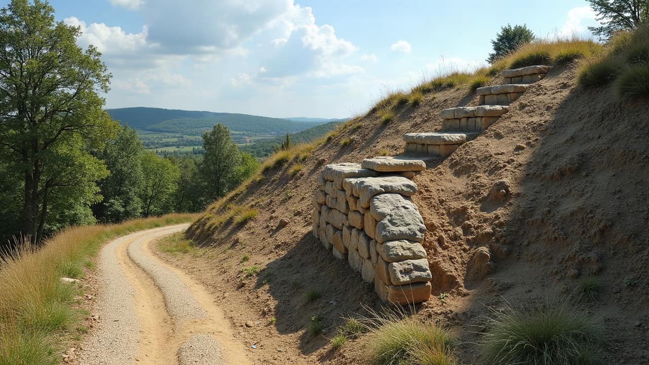 Muret de pierre sèche étagé sur une pente boisée de châtaigniers
