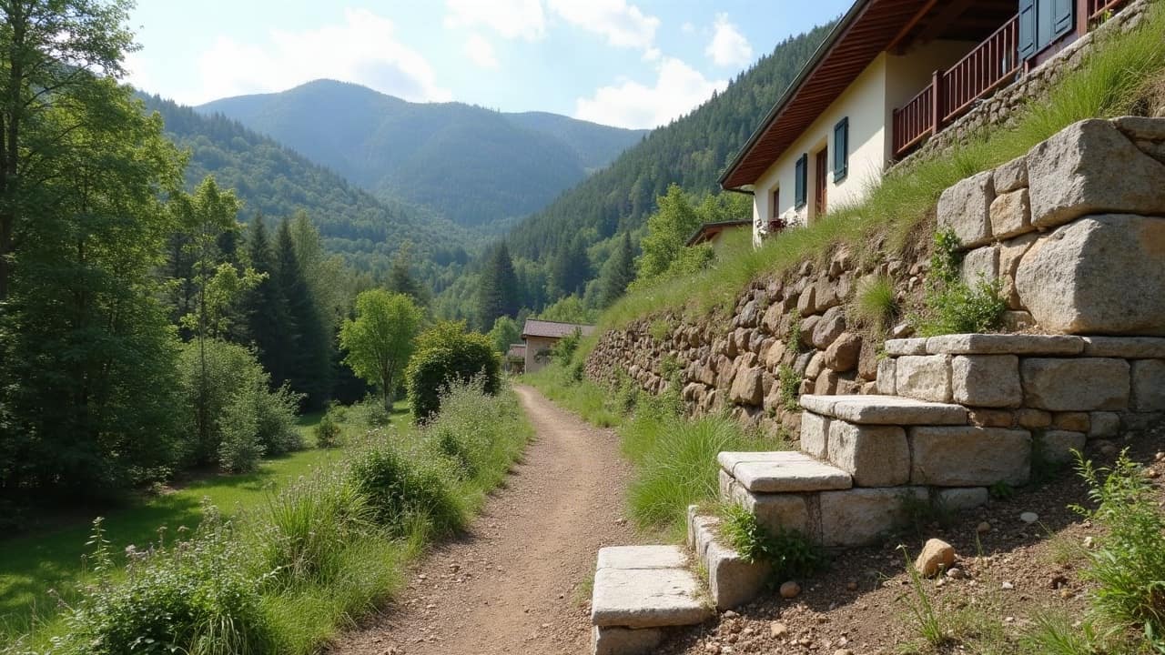 Fragment de faysse effondrée sur un coteau, végétation reprenant sur le talus