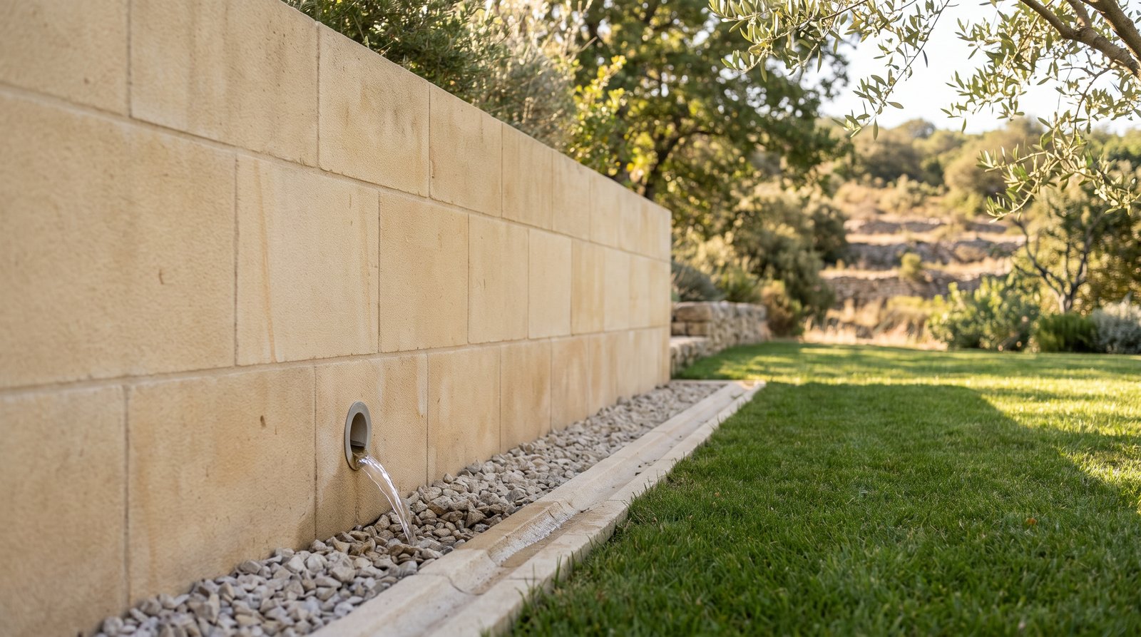 Barbacane au pied d'un mur en pierre de taille, l'eau s'écoule dans une rigole en pierre bordée de gravier drainant